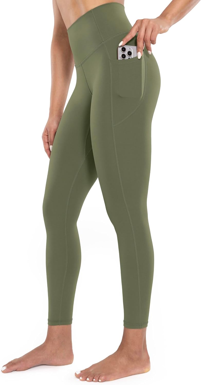 Workout Leggings with Pockets for Women High Waist Yoga Pants 25"/28" Cream Soft Lightweight Athletic Gym Tights