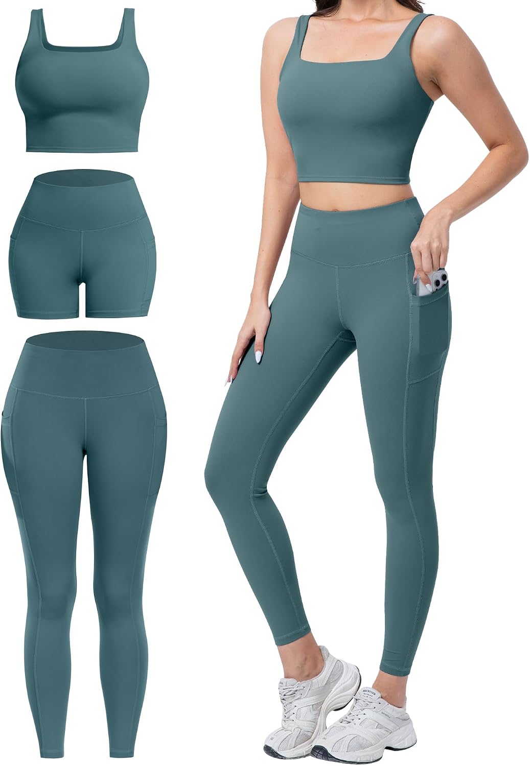 3 Piece Workout Sets for Women High Waisted Leggings with Pockets Biker Shorts Yoga Sports Bra
