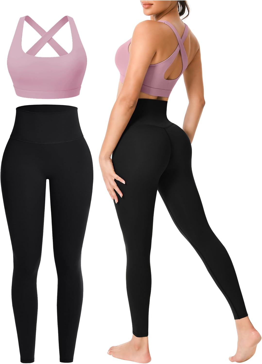 Workout Sets for Women 2 Piece Seamless High-Waisted Leggings & Cross Back Padded Sports Bra for Yoga Pilates