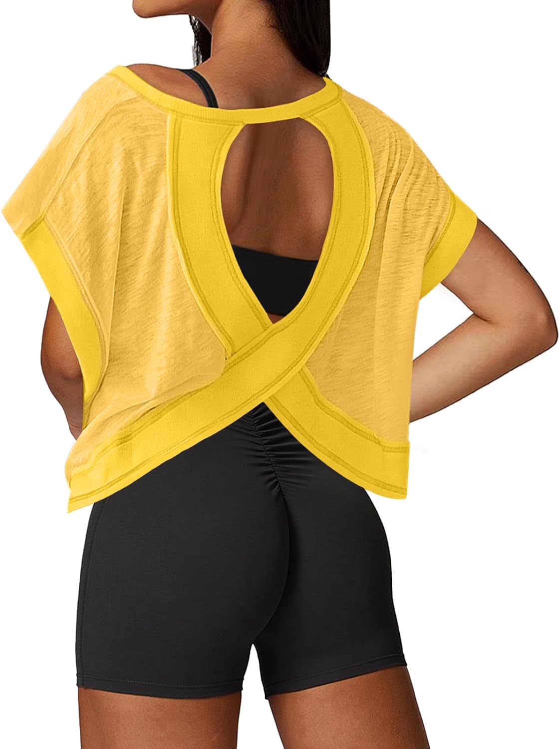 Open Back Workout Tops for Women Loose Fit Athletic Crop Tee Short Sleeve Gym Running Yoga Shirt