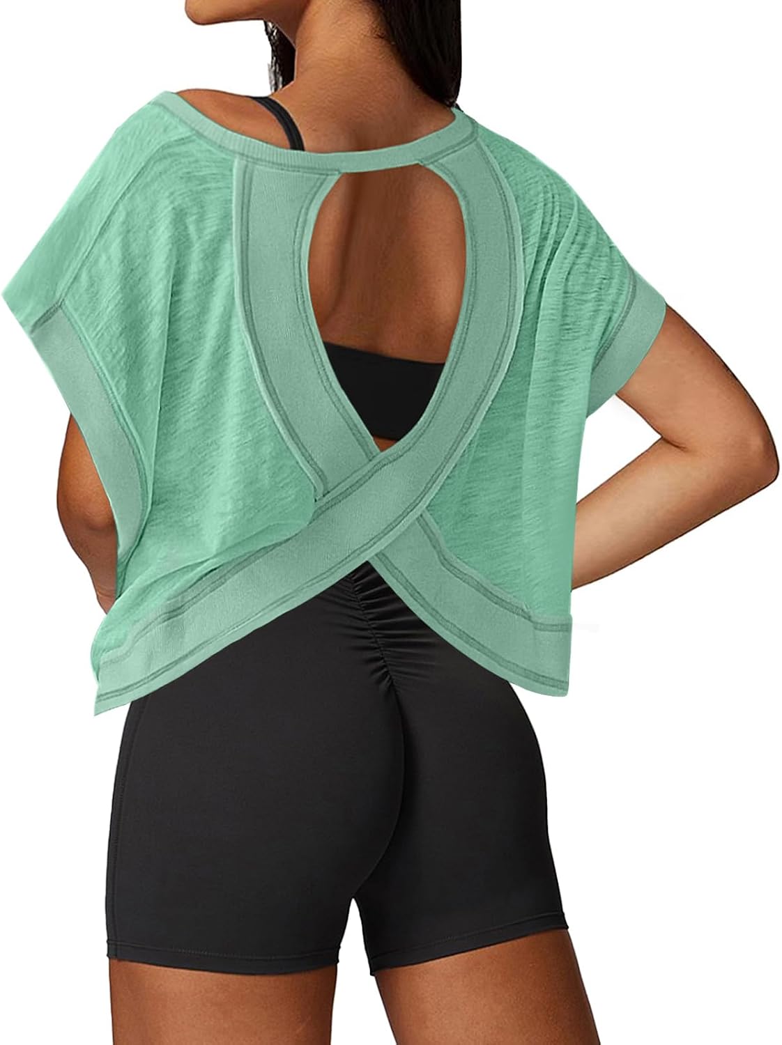 Open Back Workout Tops for Women Loose Fit Athletic Crop Tee Short Sleeve Gym Running Yoga Shirt