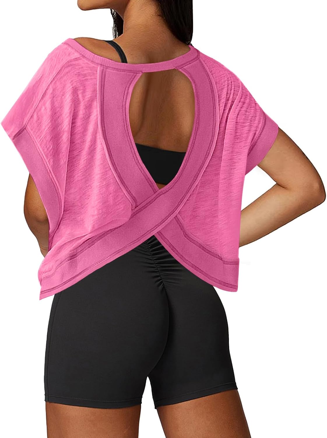 Open Back Workout Tops for Women Loose Fit Athletic Crop Tee Short Sleeve Gym Running Yoga Shirt