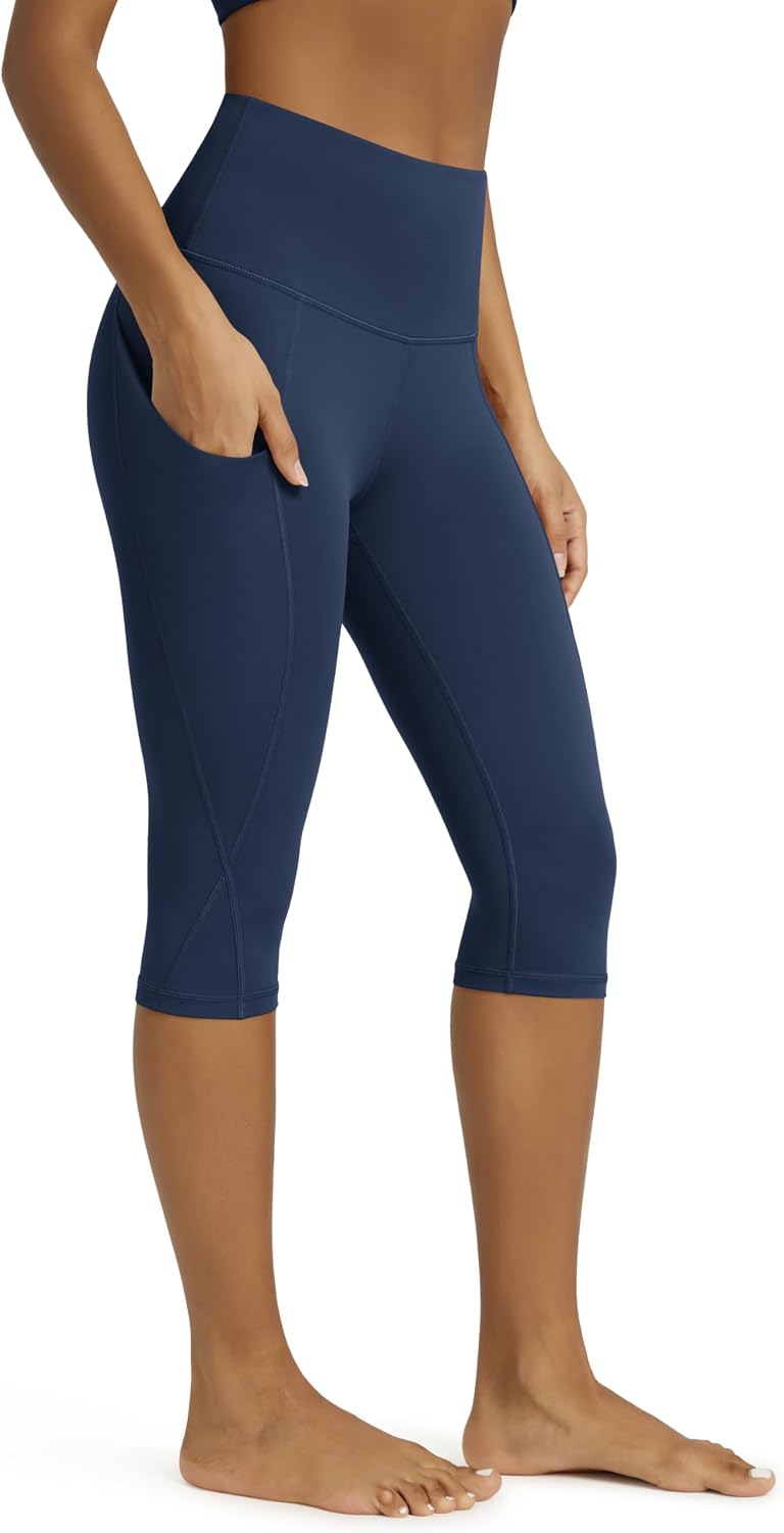 Women's High Waisted Yoga Capris with Pockets, Tummy Control Non See Through Workout Athletic Running Capri Leggings