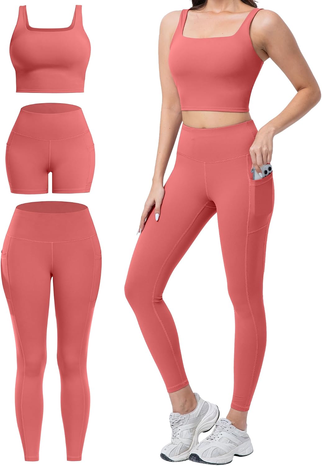 3 Piece Workout Sets for Women High Waisted Leggings with Pockets Biker Shorts Yoga Sports Bra