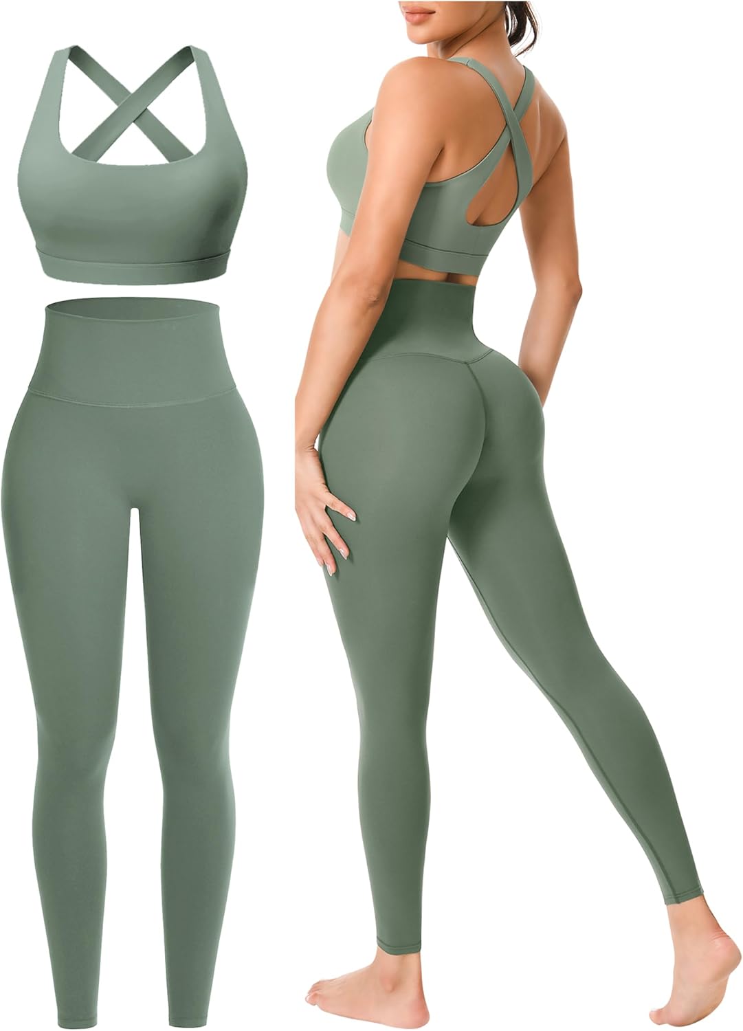 Workout Sets for Women 2 Piece Seamless High-Waisted Leggings & Cross Back Padded Sports Bra for Yoga Pilates