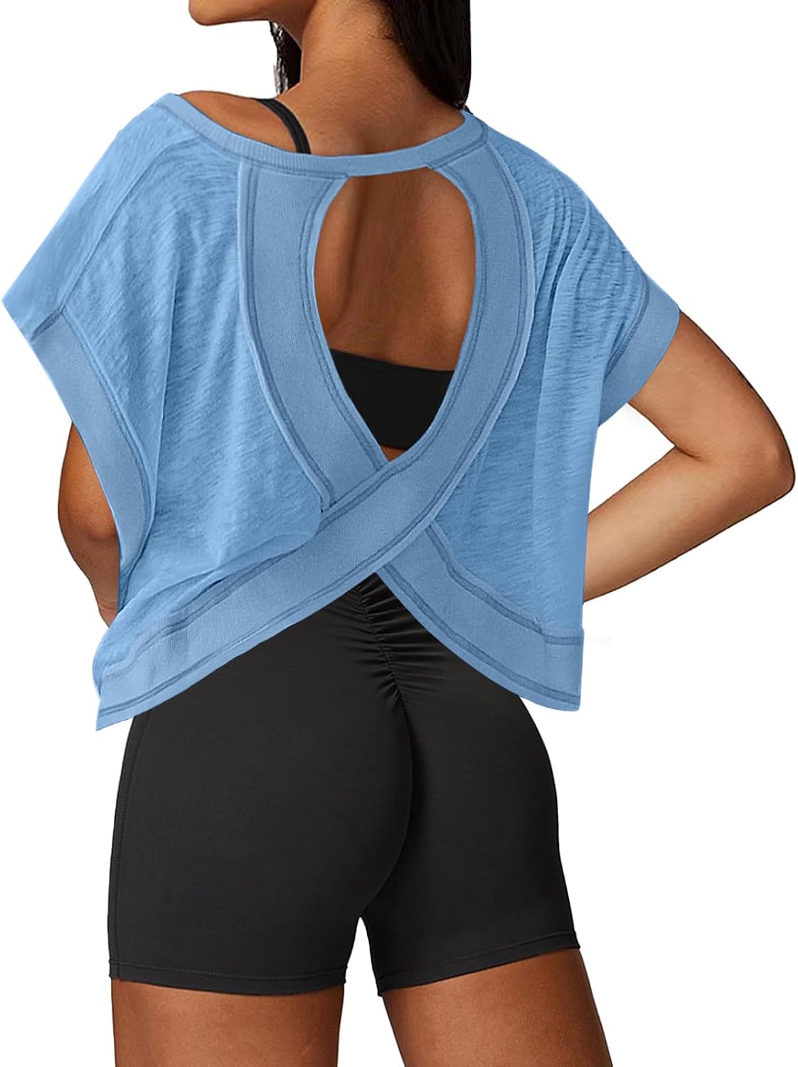 Open Back Workout Tops for Women Loose Fit Athletic Crop Tee Short Sleeve Gym Running Yoga Shirt