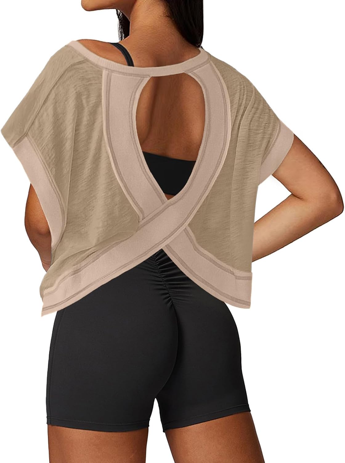 Open Back Workout Tops for Women Loose Fit Athletic Crop Tee Short Sleeve Gym Running Yoga Shirt