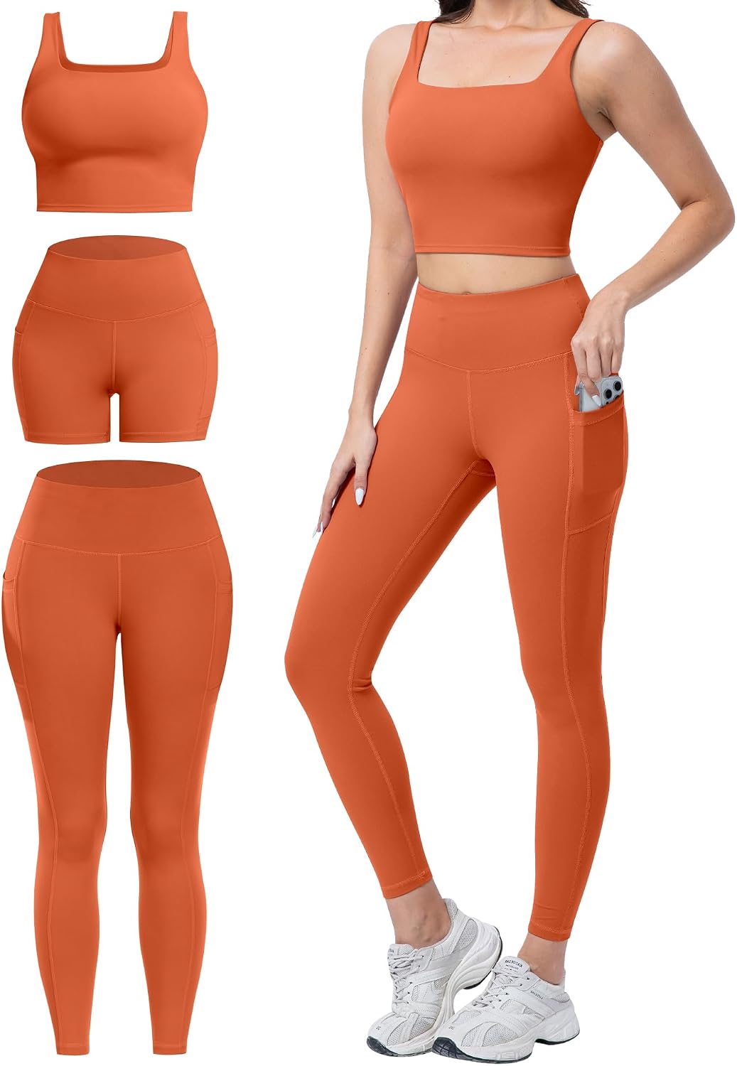 3 Piece Workout Sets for Women High Waisted Leggings with Pockets Biker Shorts Yoga Sports Bra