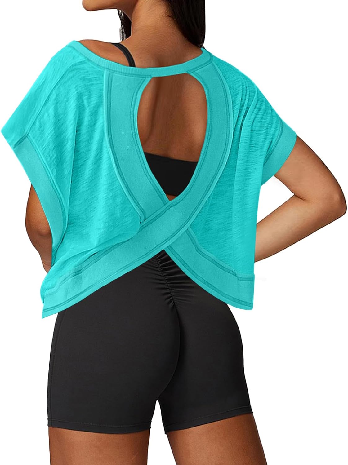 Open Back Workout Tops for Women Loose Fit Athletic Crop Tee Short Sleeve Gym Running Yoga Shirt