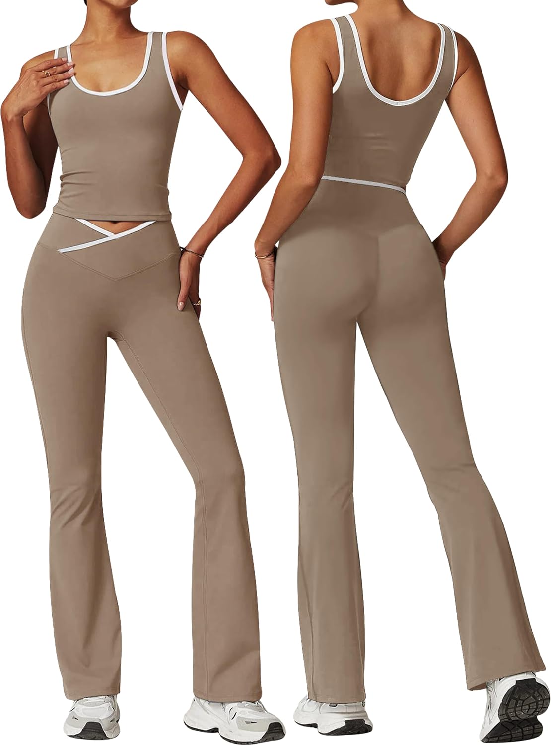 Womens Workout Sets 2 Piece Gym Yoga Outfits Crossover Flare Leggings Crop Tank Top with Contrast Trim