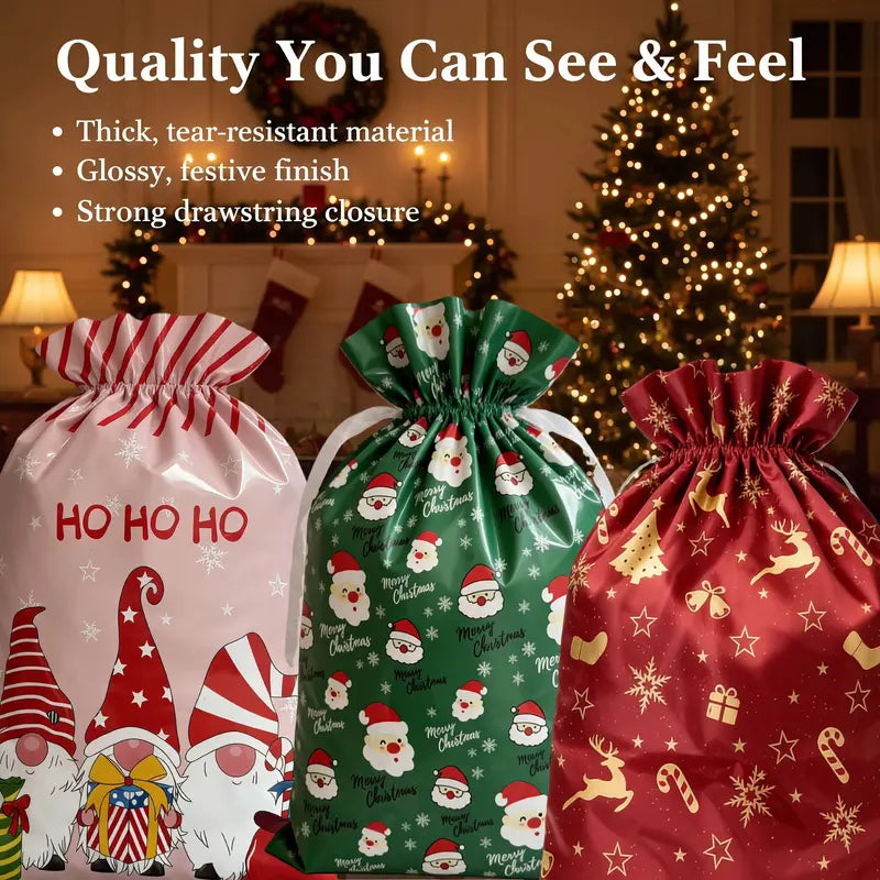 Reusable Christmas Drawstring Gift Bags Set - Assorted Sizes (Small/Medium/Large/Extra Large), Foil Wrapping Sacks with 18 Assorted Santa/Elk/Snowman Designs, Ribbon Included, Bulk Holiday Goody Pouches for Xmas Presents, Party Favors & Boys & Girls