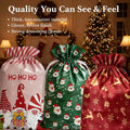 Reusable Christmas Drawstring Gift Bags Set - Assorted Sizes (Small/Medium/Large/Extra Large), Foil Wrapping Sacks with 18 Assorted Santa/Elk/Snowman Designs, Ribbon Included, Bulk Holiday Goody Pouches for Xmas Presents, Party Favors & Boys & Girls
