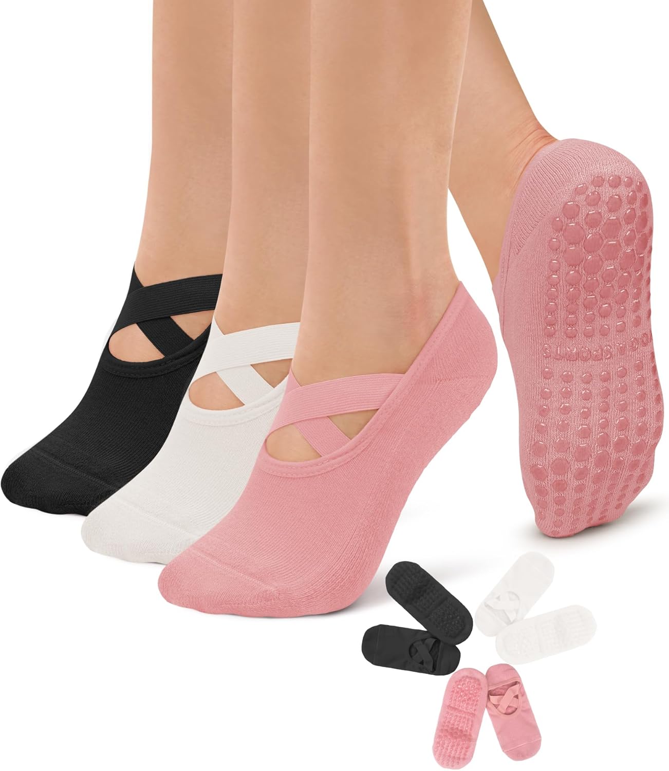 3 Pack Pilates Socks Yoga Socks with Grips for Women Non Slip, Workout, Pure Barre, Ballet, Dance, Hospital Socks
