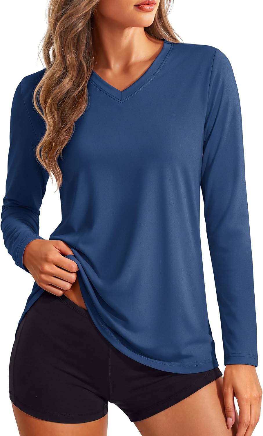 Women's Long Sleeve V Neck Tops Lightweight Quick Dry UPF 50+ Sun Protection Workout Hiking Running Shirts