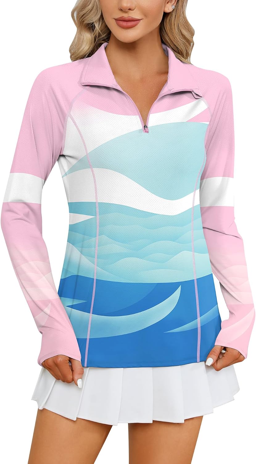 Women Long Sleeve Shirts Sun Protection 1/4 Zip Summer Quick Dry Hiking Shirts Quarter Zip Pullover for Women