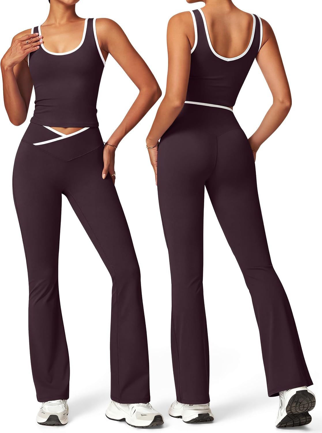 Womens Workout Sets 2 Piece Gym Yoga Outfits Crossover Flare Leggings Crop Tank Top with Contrast Trim