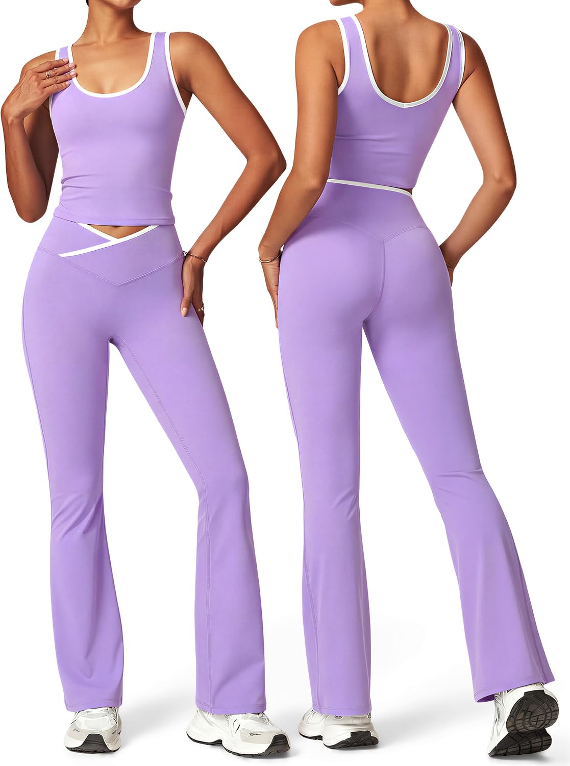 Womens Workout Sets 2 Piece Gym Yoga Outfits Crossover Flare Leggings Crop Tank Top with Contrast Trim