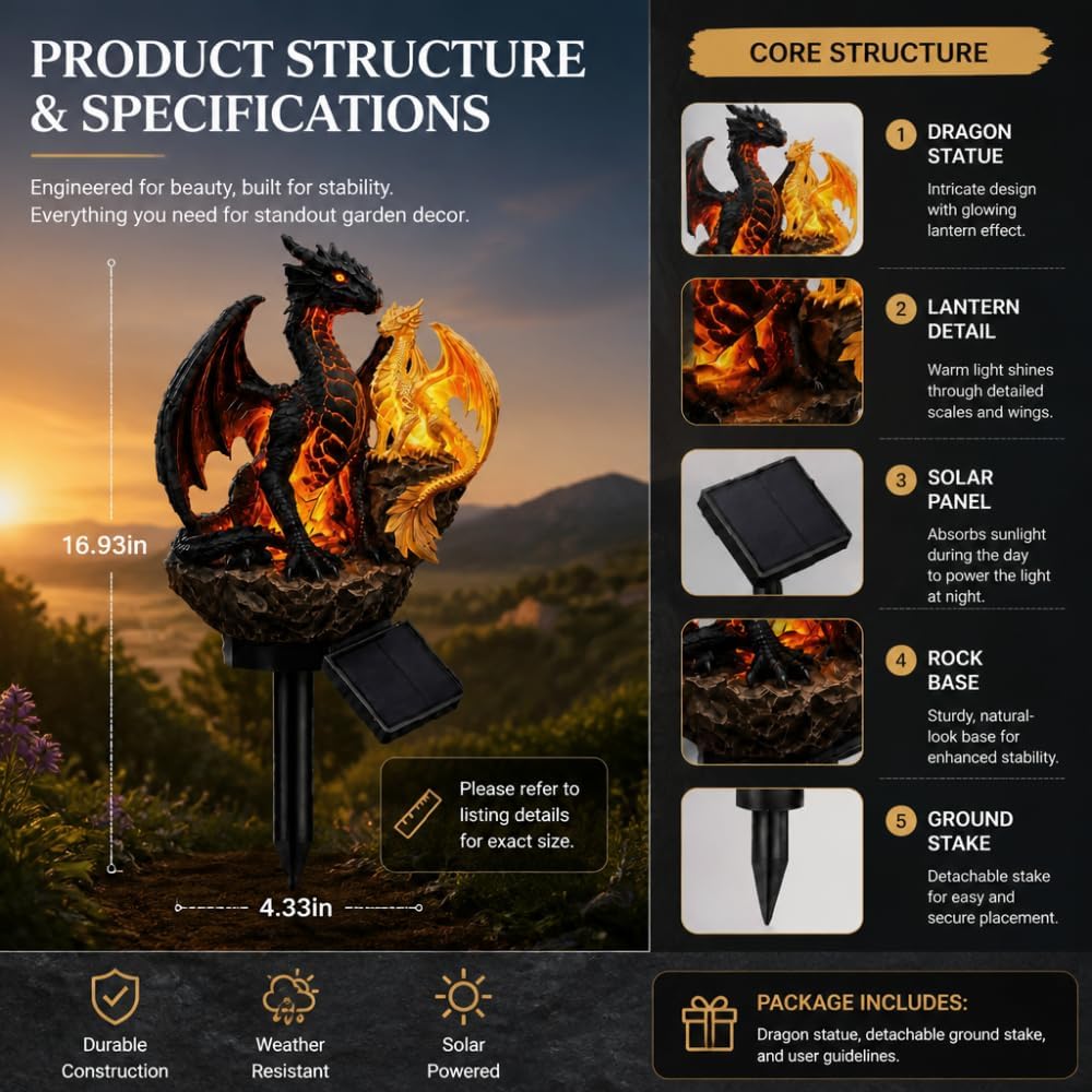 Solar Dragon Garden Statue Light – Golden Ember Fantasy Outdoor Decor