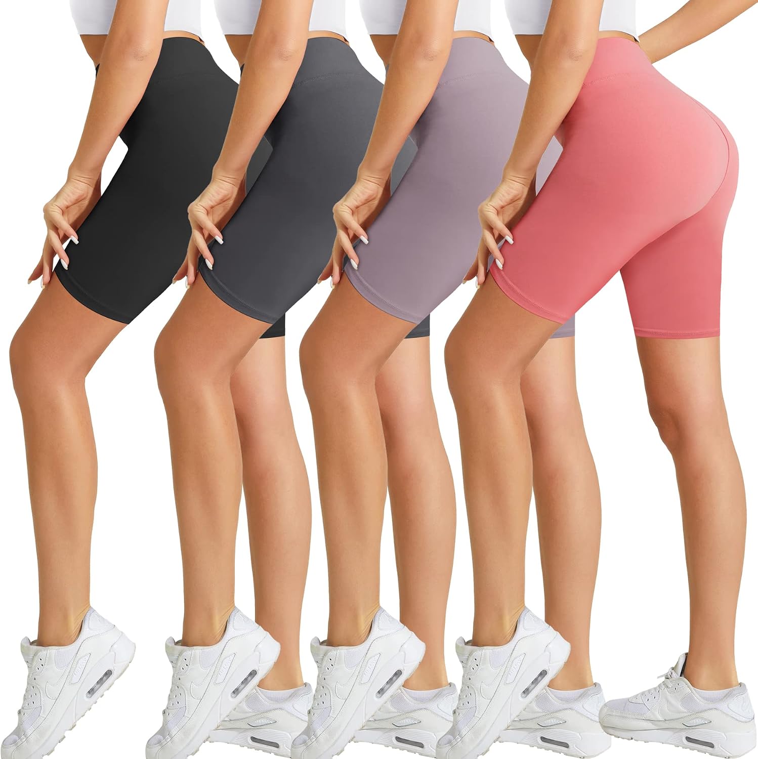 4 Pack Biker Shorts for Women-8" High Waist Tummy Control Workout Shorts Athletic Gym Yoga Pants