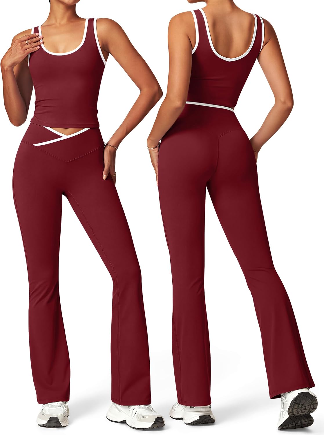 Womens Workout Sets 2 Piece Gym Yoga Outfits Crossover Flare Leggings Crop Tank Top with Contrast Trim
