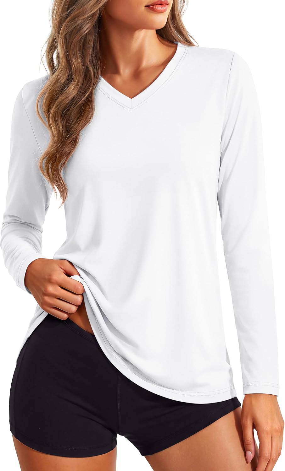 Women's Long Sleeve V Neck Tops Lightweight Quick Dry UPF 50+ Sun Protection Workout Hiking Running Shirts