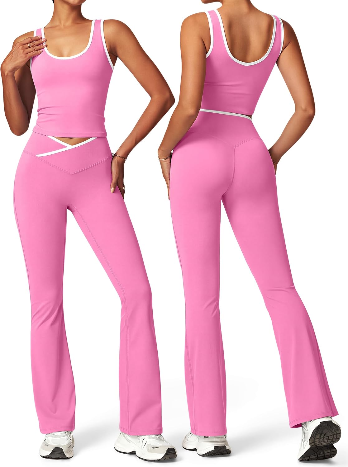 Womens Workout Sets 2 Piece Gym Yoga Outfits Crossover Flare Leggings Crop Tank Top with Contrast Trim