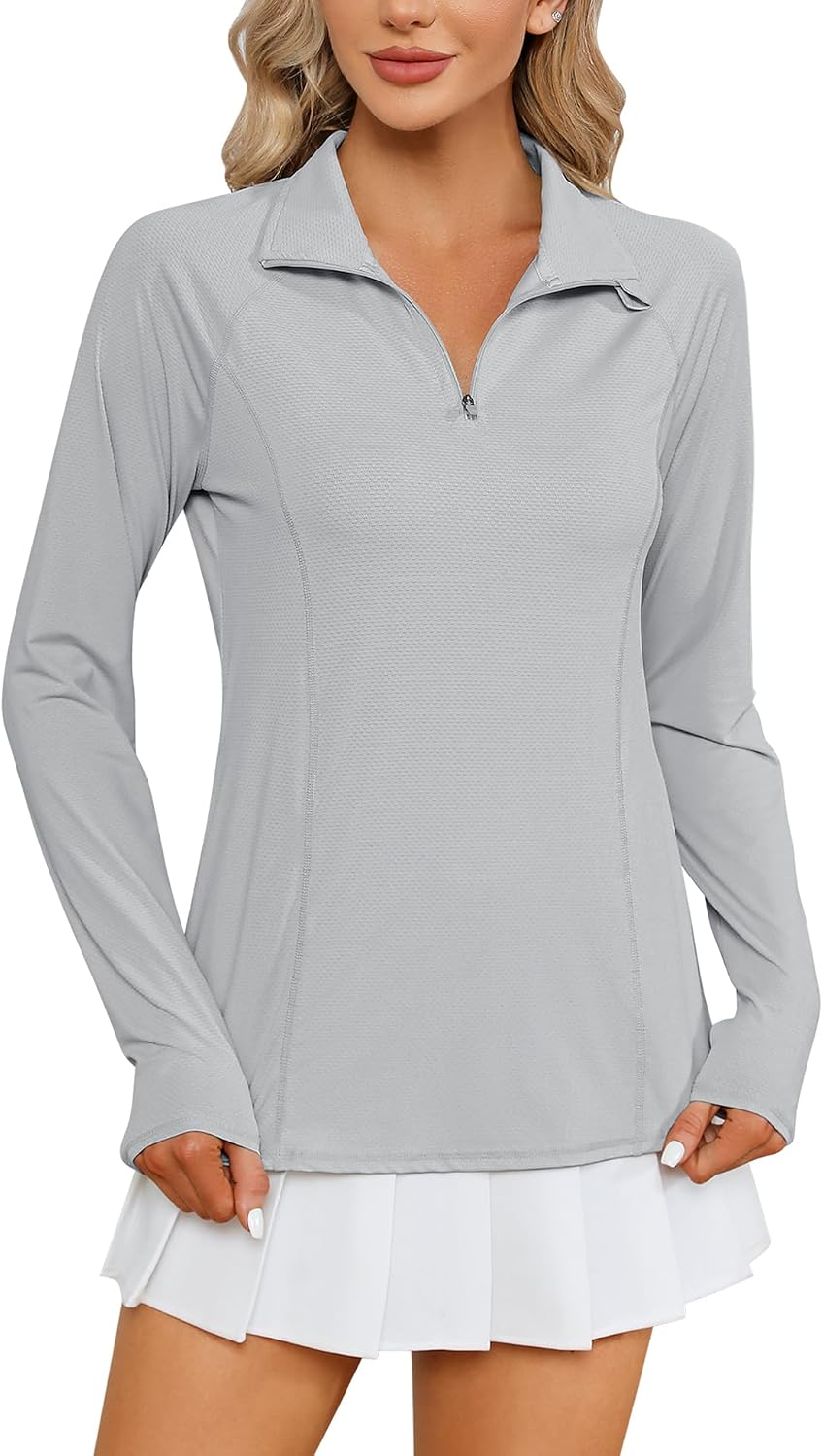 Women Long Sleeve Shirts Sun Protection 1/4 Zip Summer Quick Dry Hiking Shirts Quarter Zip Pullover for Women