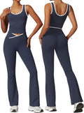 Womens Workout Sets 2 Piece Gym Yoga Outfits Crossover Flare Leggings Crop Tank Top with Contrast Trim