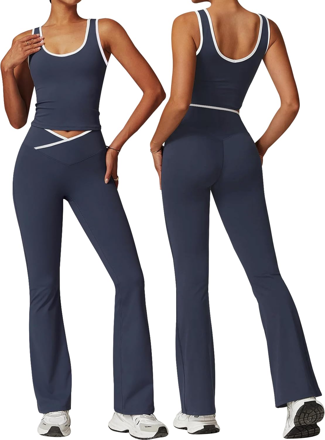 Womens Workout Sets 2 Piece Gym Yoga Outfits Crossover Flare Leggings Crop Tank Top with Contrast Trim