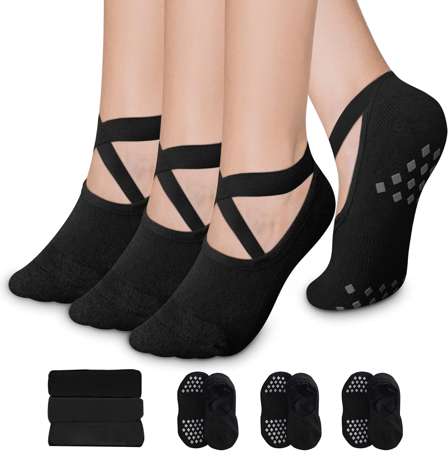 3 Pack Pilates Socks Yoga Socks with Grips for Women Non Slip, Workout, Pure Barre, Ballet, Dance, Hospital Socks