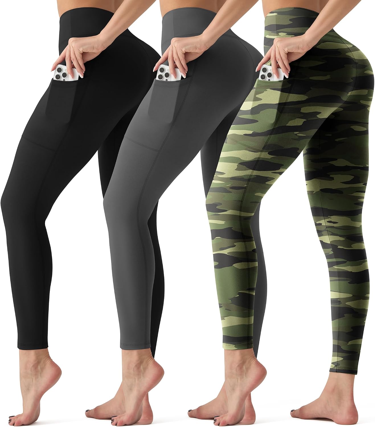 3 Pack Leggings with Pockets for Women,High Waisted Tummy Control Workout Yoga Pants Reg & Plus Size