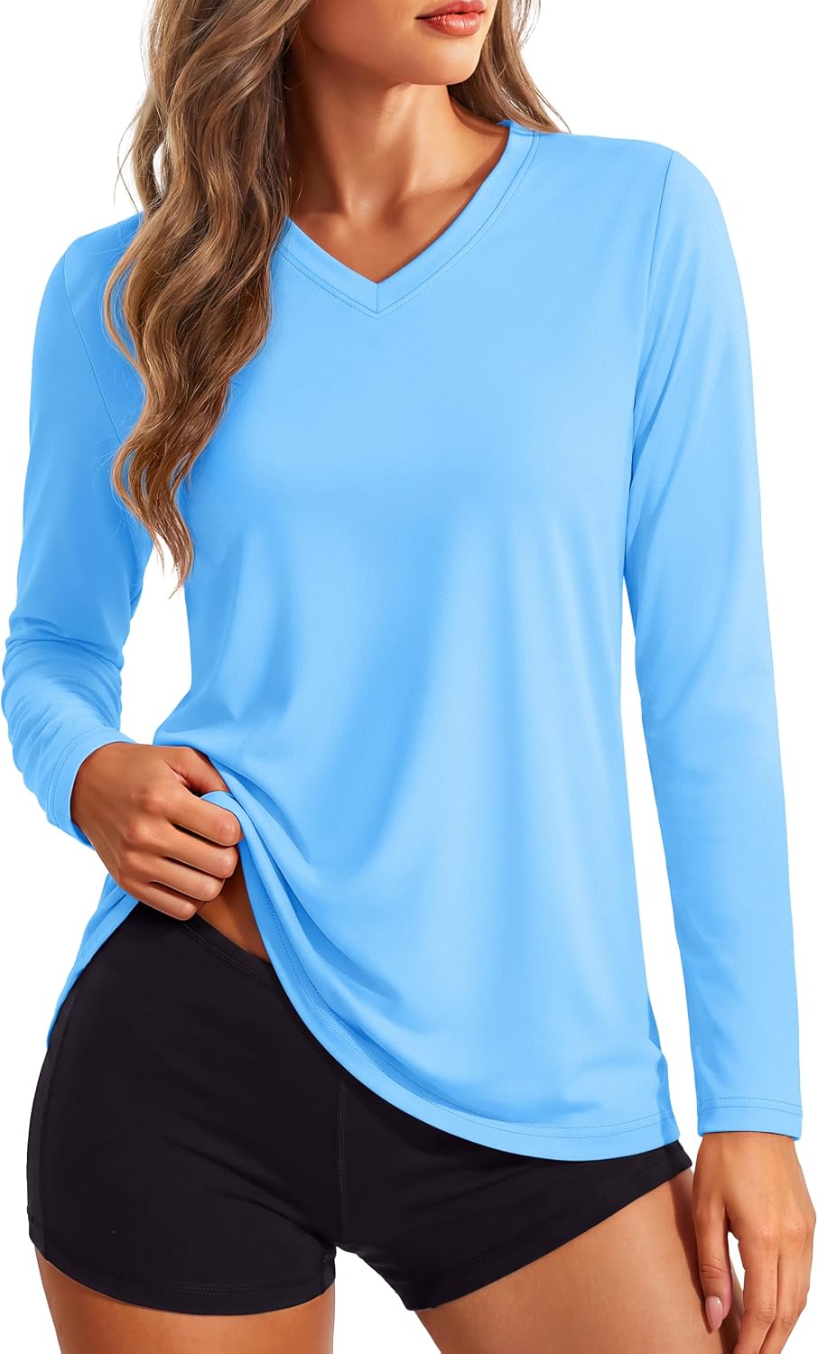 Women's Long Sleeve V Neck Tops Lightweight Quick Dry UPF 50+ Sun Protection Workout Hiking Running Shirts