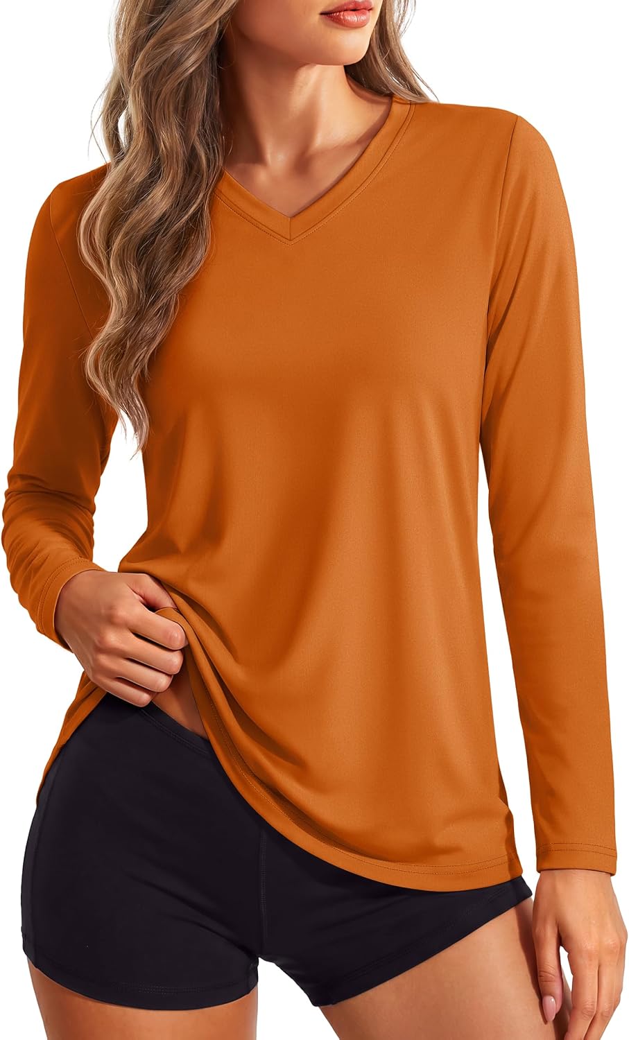 Women's Long Sleeve V Neck Tops Lightweight Quick Dry UPF 50+ Sun Protection Workout Hiking Running Shirts