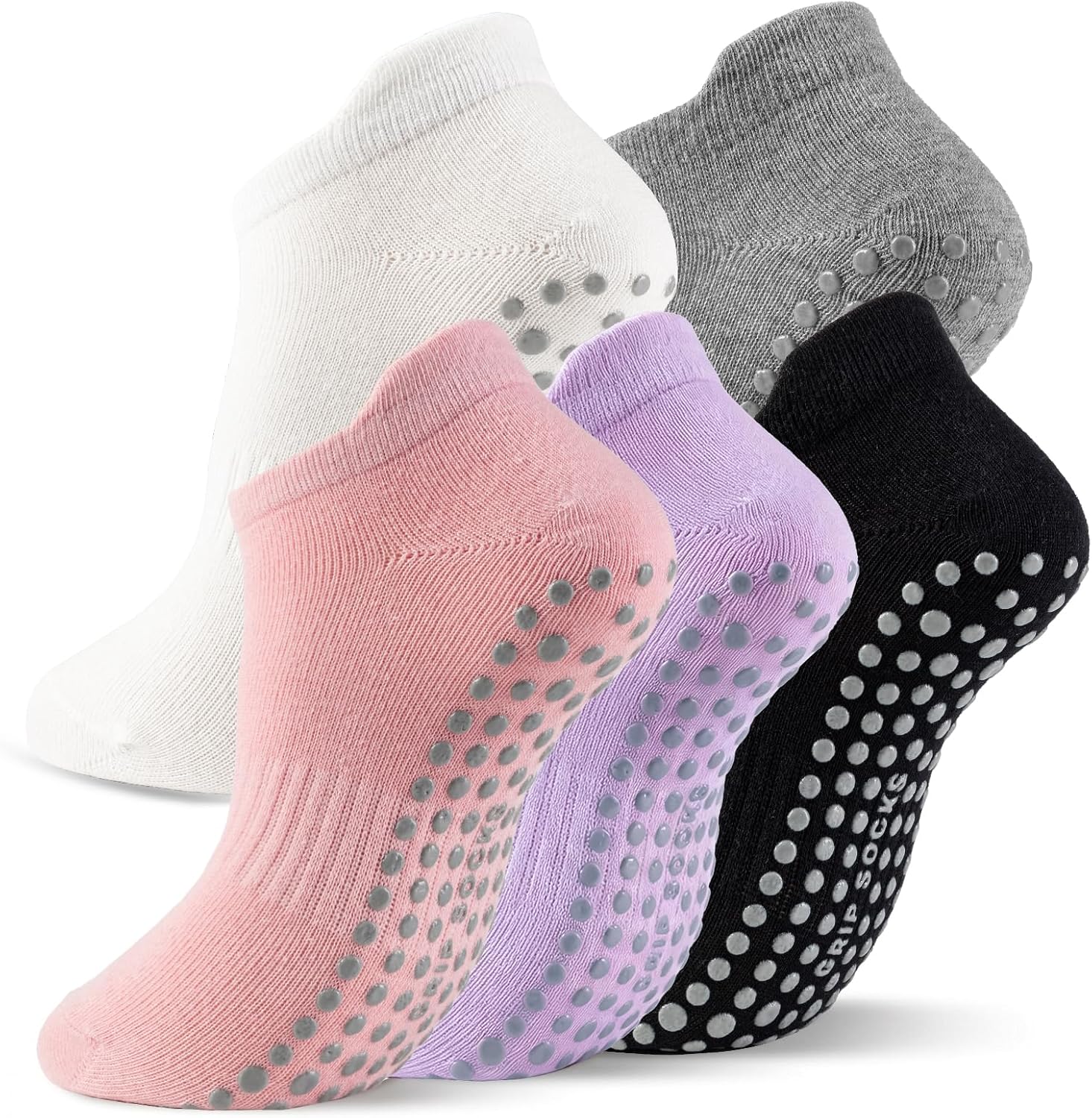 5 Pairs Pilates Socks with Grips for Women Non Slip Grip Yoga Crew Socks for Barre Hospital Barefoot