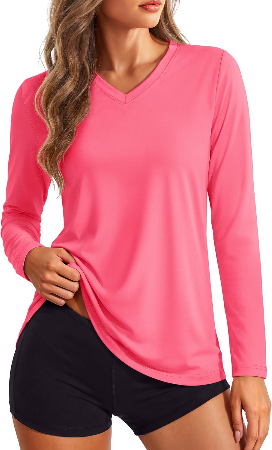Women's Long Sleeve V Neck Tops Lightweight Quick Dry UPF 50+ Sun Protection Workout Hiking Running Shirts