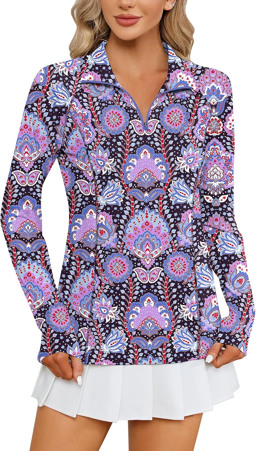 Women Long Sleeve Shirts Sun Protection 1/4 Zip Summer Quick Dry Hiking Shirts Quarter Zip Pullover for Women