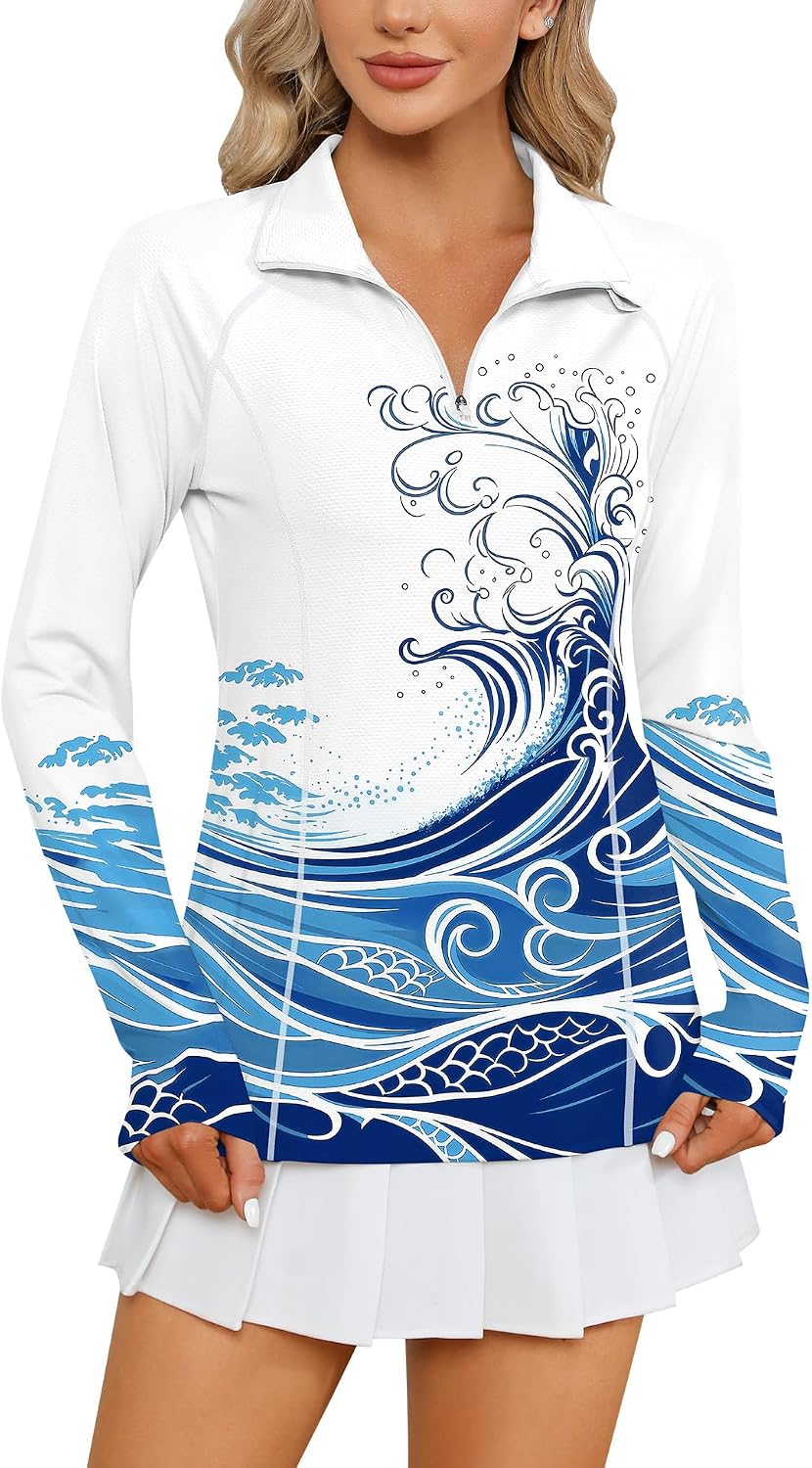 Women Long Sleeve Shirts Sun Protection 1/4 Zip Summer Quick Dry Hiking Shirts Quarter Zip Pullover for Women