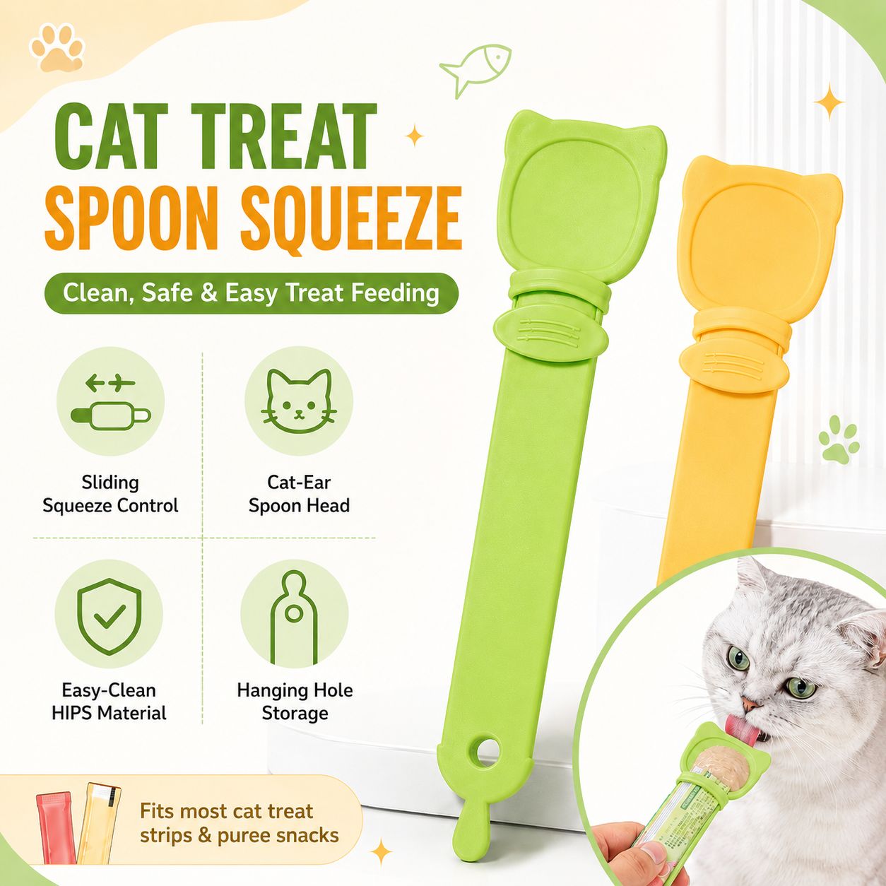 Cat Treat Squeeze Spoon – Cute Cat Head Wet Food Feeder, Treat Dispenser & Feeding Spoon