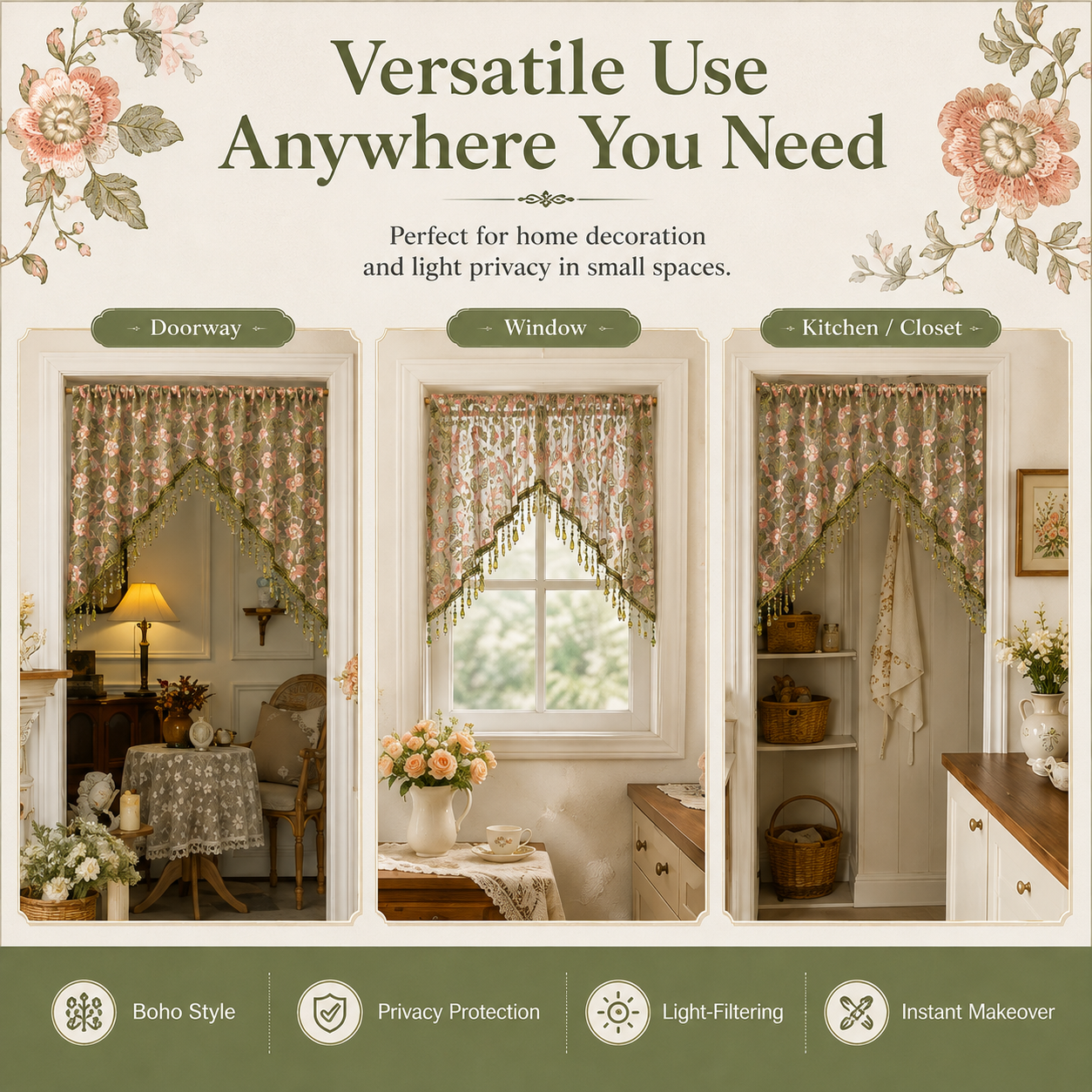 Embroidered Lace Doorway Curtain – Romantic Floral Beaded Sheer Panels
