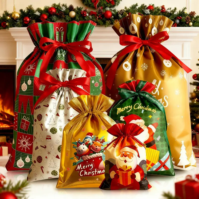 Reusable Christmas Drawstring Gift Bags Set - Assorted Sizes (Small/Medium/Large/Extra Large), Foil Wrapping Sacks with 18 Assorted Santa/Elk/Snowman Designs, Ribbon Included, Bulk Holiday Goody Pouches for Xmas Presents, Party Favors & Boys & Girls