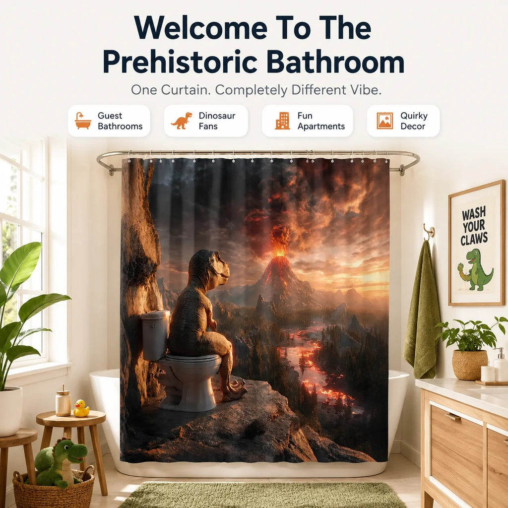 Fun Dinosaur Volcano Bathroom Shower Curtain