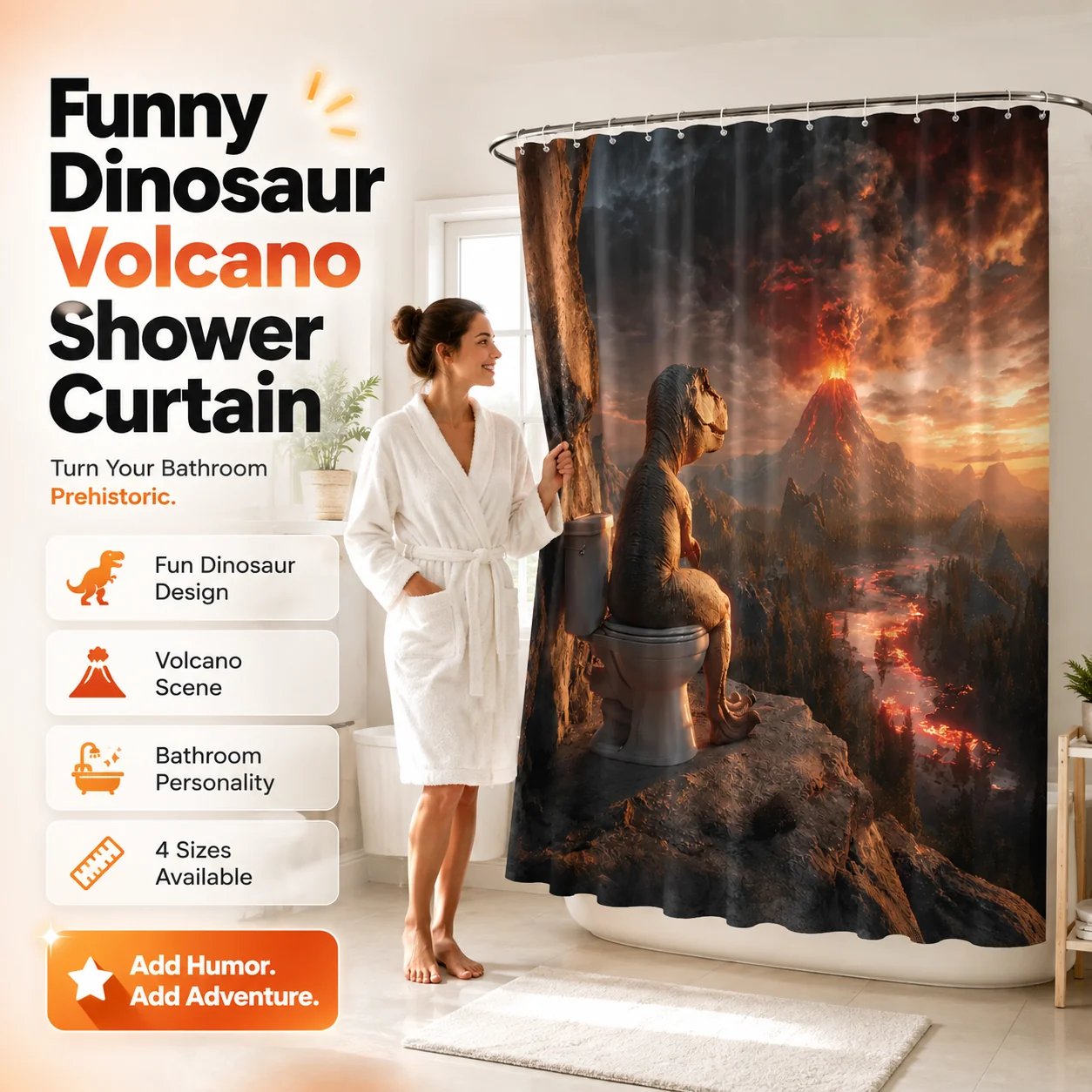 Fun Dinosaur Volcano Bathroom Shower Curtain